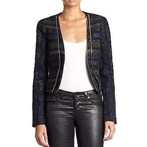 Rebecca Minkoff Navy Metallic Striped Tweed Cropped Jacket Gold Zip Designer Sm